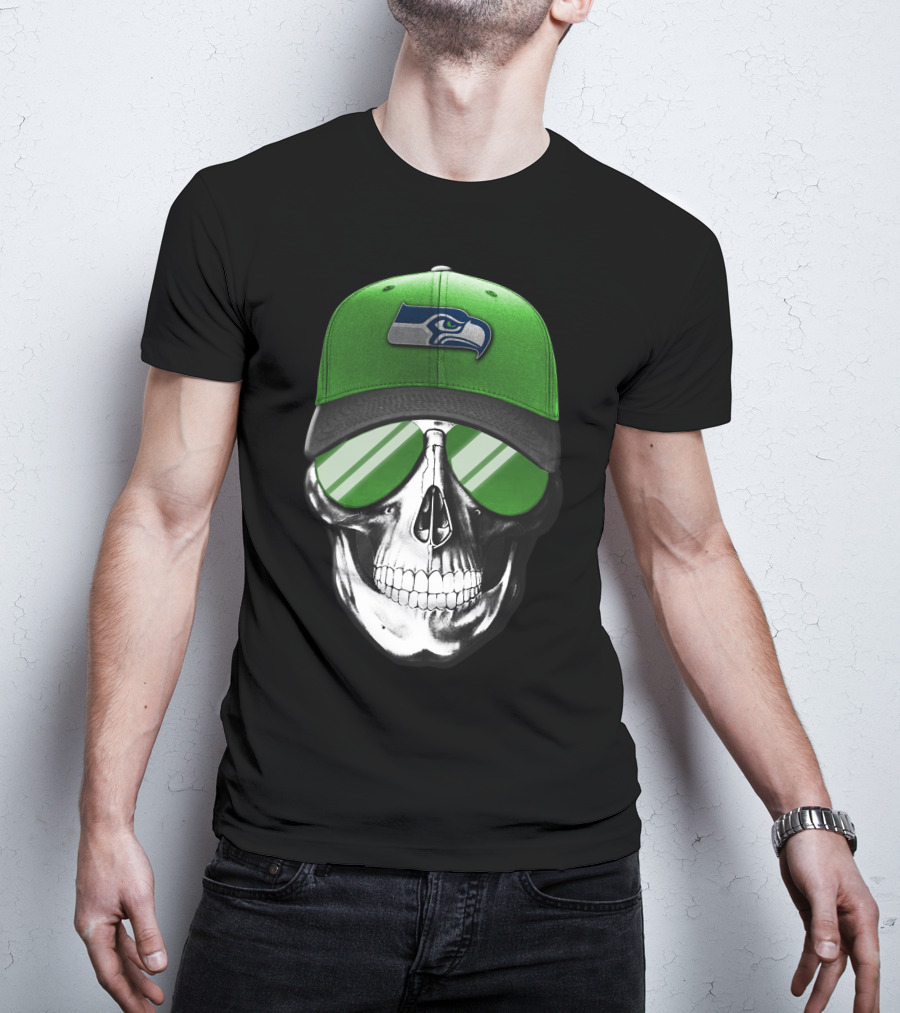Skull V7 Seattle Seahawks Green Hat And Sunglasses T-Shirt