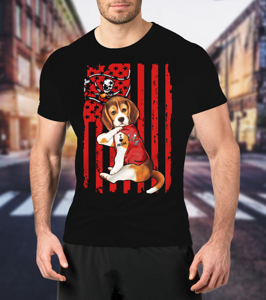 Beagle Puppy Tampa Bay Buccaneers I Love Mom Tattoo Patriotic Flag T-Shirt