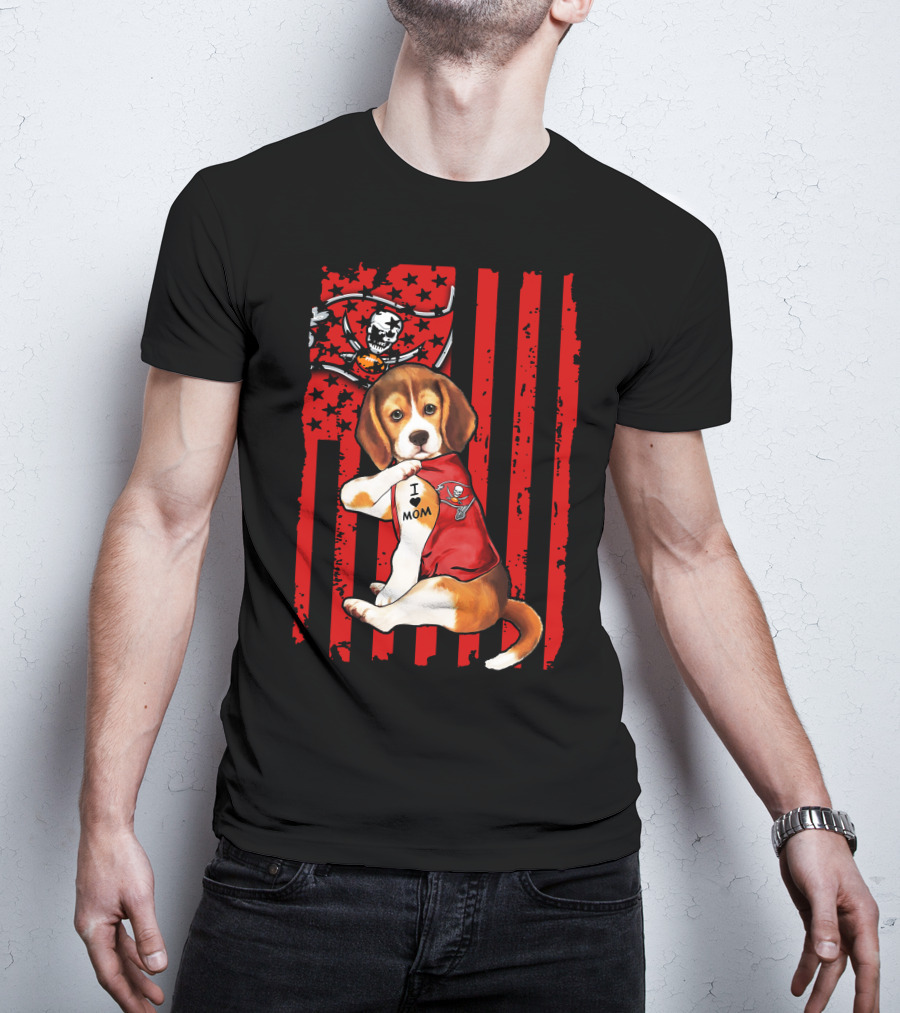 Beagle Puppy Tampa Bay Buccaneers I Love Mom Tattoo Patriotic Flag T-Shirt