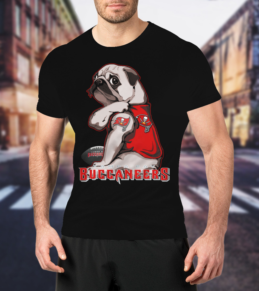 Pug Wearing Tampa Bay Buccaneers Jersey With Football T-Shirt