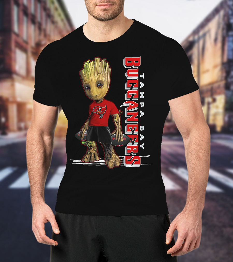 Groot In Tampa Bay Buccaneers Gear Standing With Football T-Shirt
