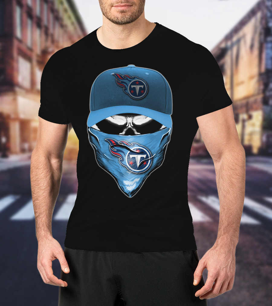 Skull V6 Tennessee Titans Logo Blue Hat And Bandana T-Shirt