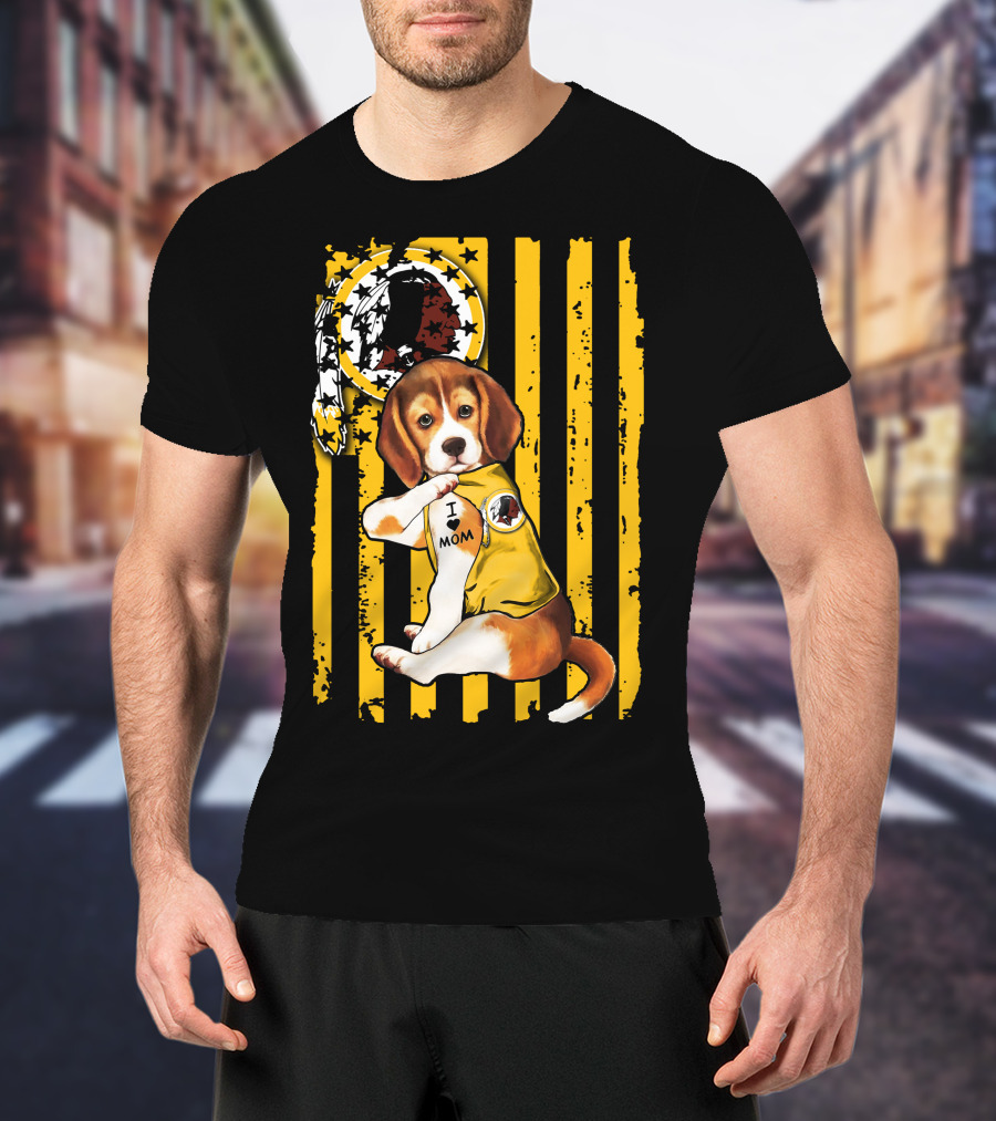Beagle Washington Redskins I Love Mom Dog Tattoo Football Fan Stripes T-Shirt