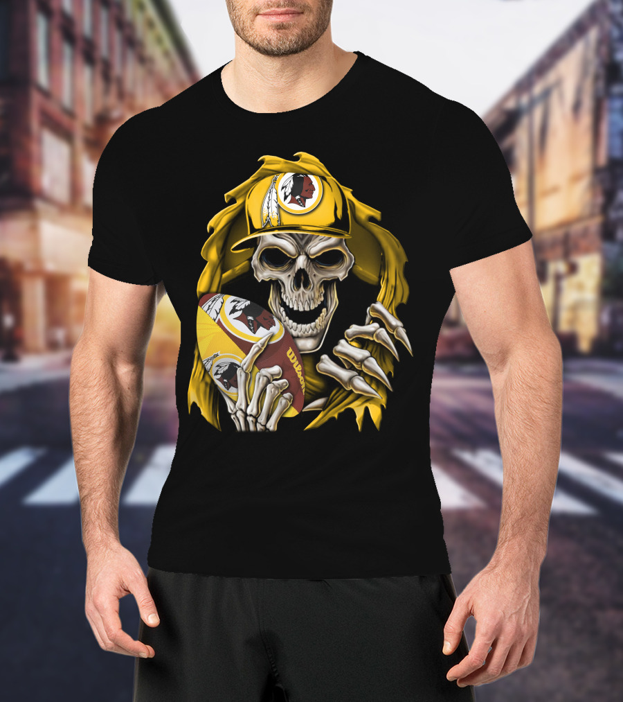 Skullbong Washington Redskins Skeleton Holding Football With Logo And Yellow Cap T-Shirt