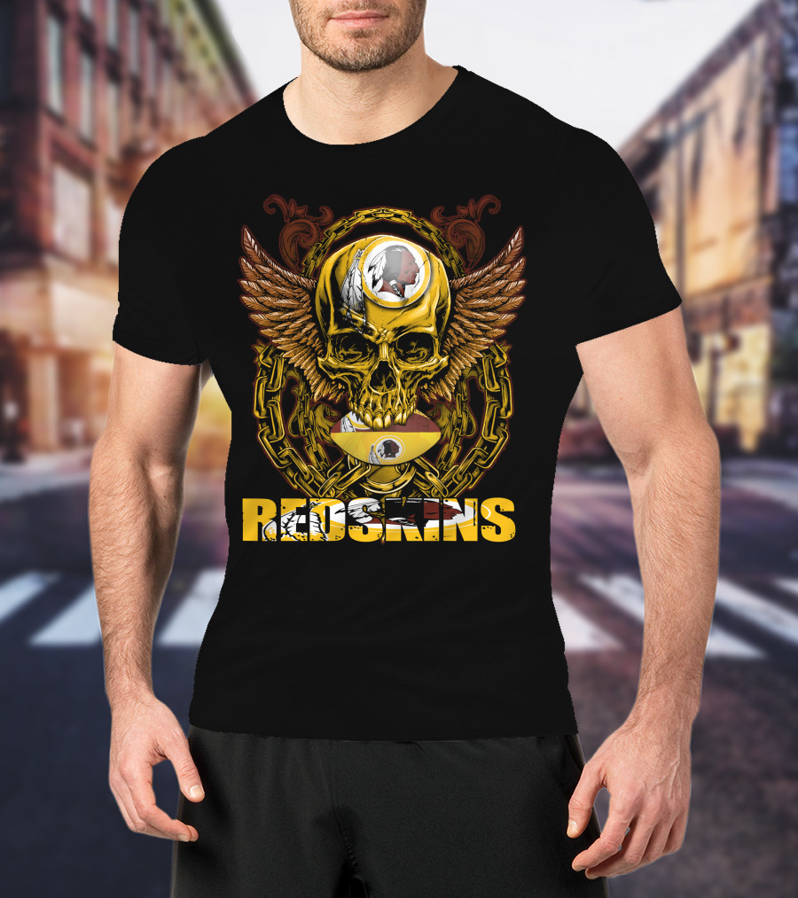 Redskins Skullfb Winged Skull Chains Feathers Football Helmet T-Shirt