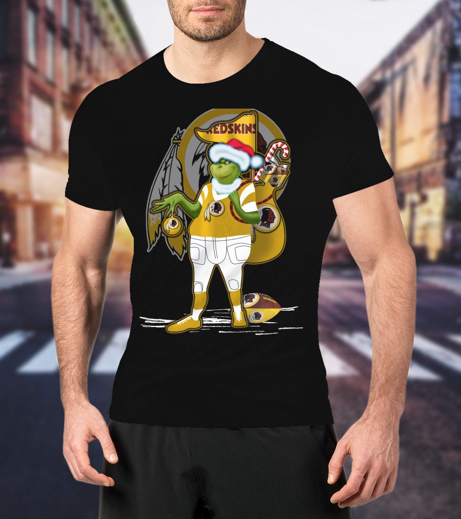Grinchxmas V1 Washington Redskins Christmas Crossover With Santa Hat And Football Iconography T-Shirt
