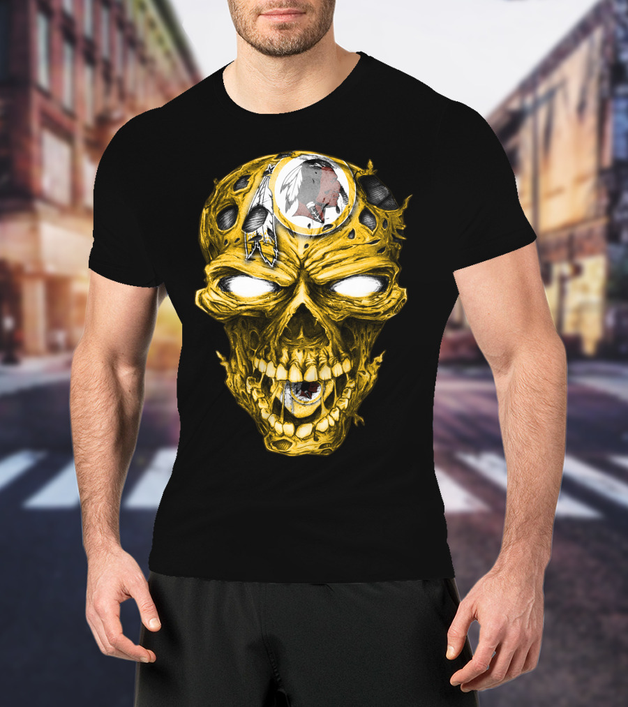 Skull V2 Washington Redskins Logo With Feather Headdress On Yellow Grinning Skull T-Shirt