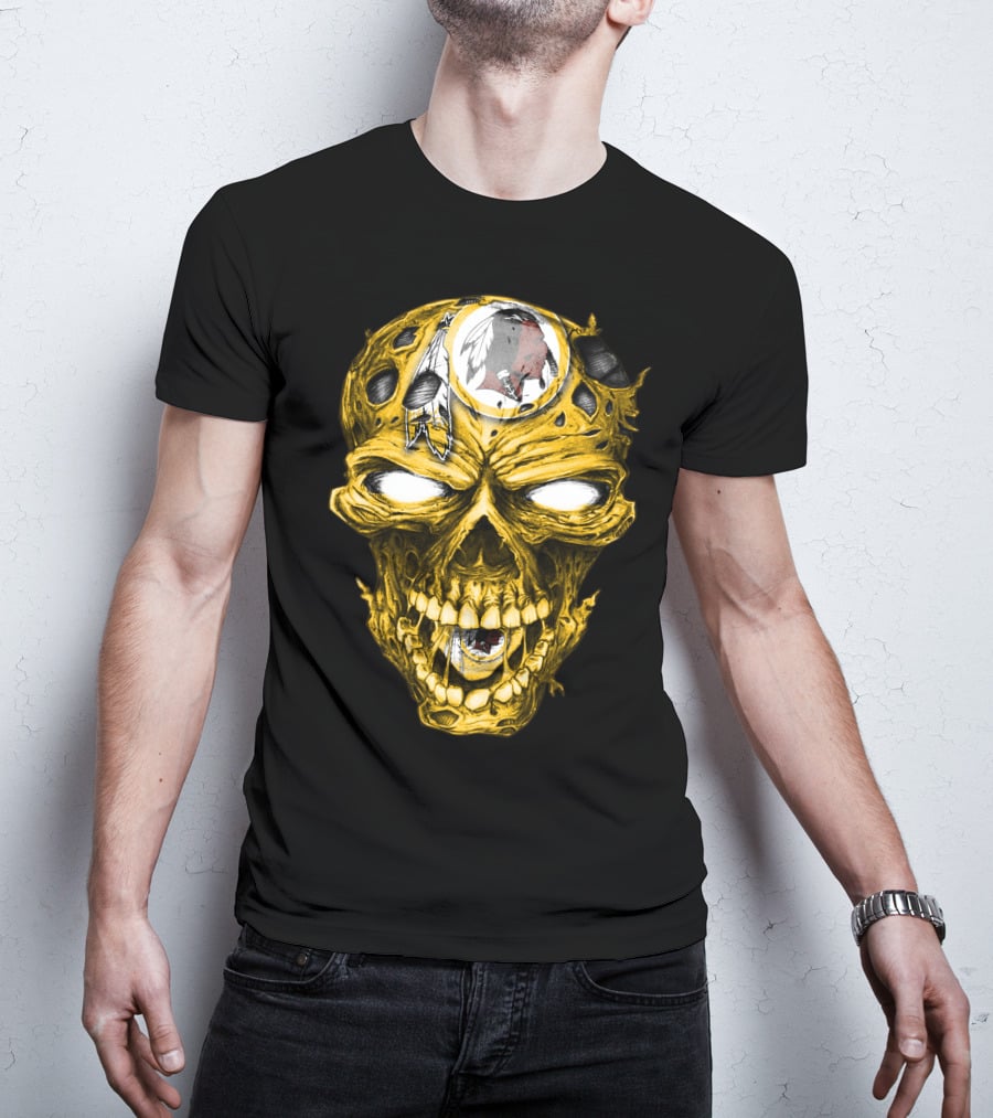 Skull V2 Washington Redskins Logo With Feather Headdress On Yellow Grinning Skull T-Shirt