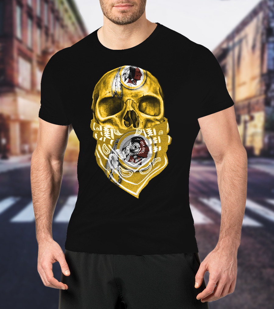 Skull Washington Redskins Logo With Yellow Bandana And Native American Symbolics T-Shirt