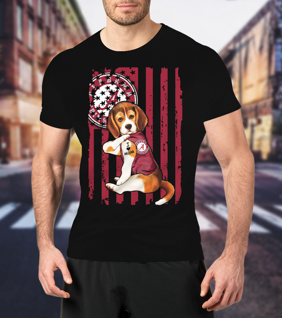 Beagle I Love Mom Alabama Crimson Tide Logo Usa Flag T-Shirt