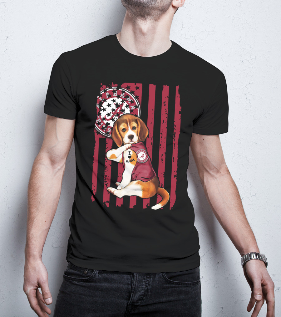 Beagle I Love Mom Alabama Crimson Tide Logo Usa Flag T-Shirt