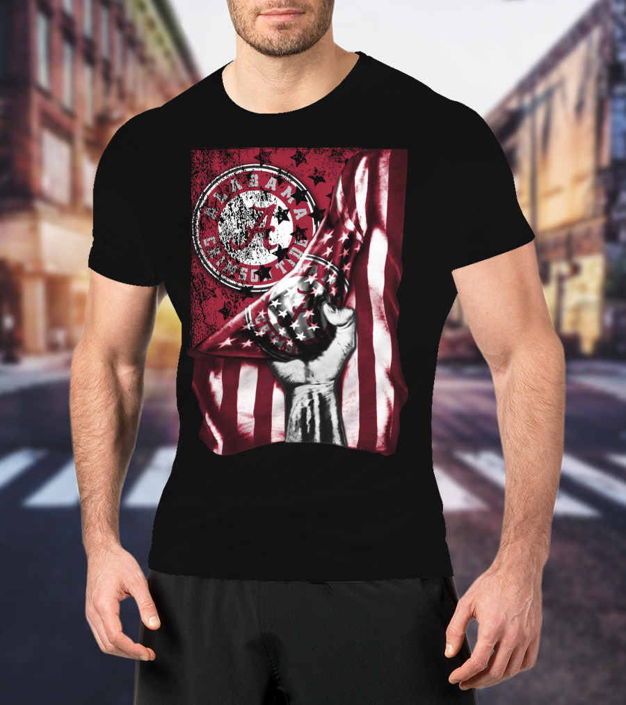 Alabama Crimson Tide Flag With Stars And Stripes Hand Motif T-Shirt
