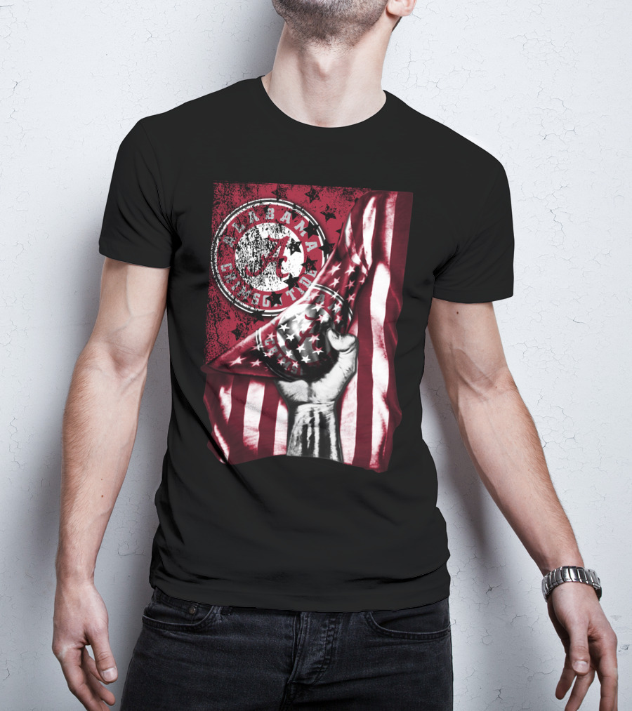 Alabama Crimson Tide Flag With Stars And Stripes Hand Motif T-Shirt