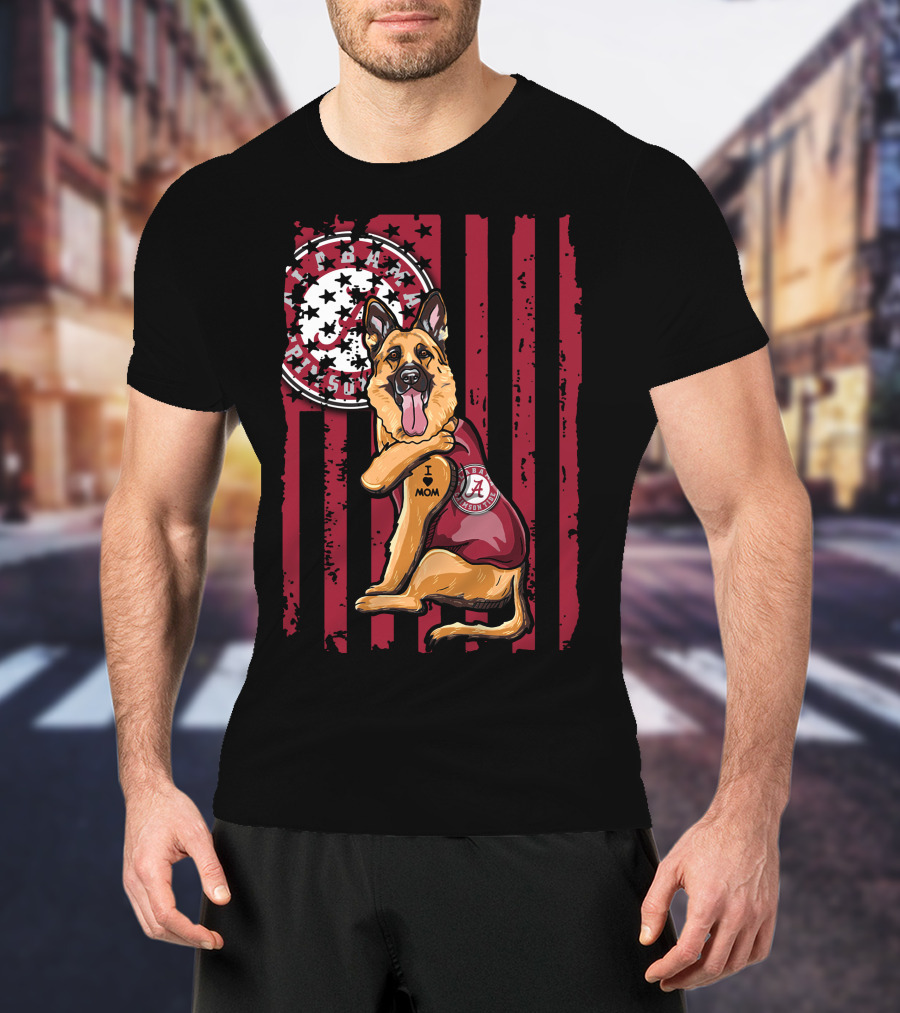 German Shepherd Alabama Crimson Tide Pride With I Love Mom Tattoo T-Shirt