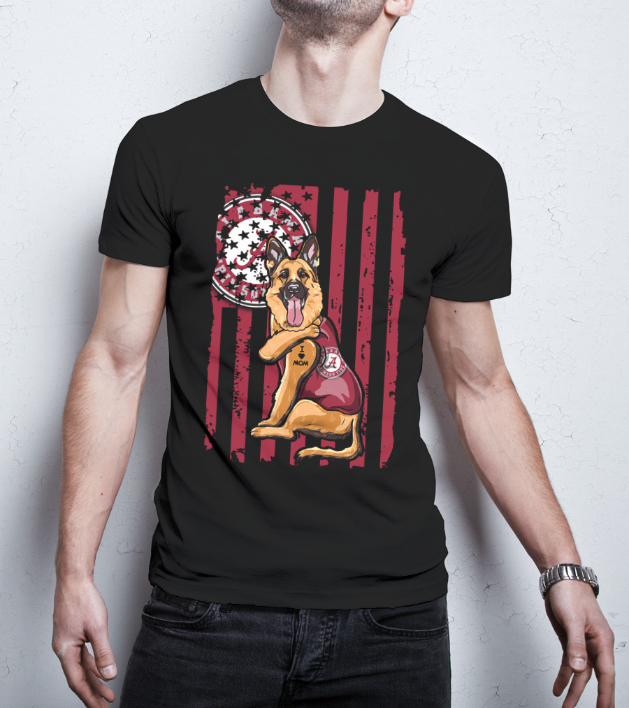 German Shepherd Alabama Crimson Tide Pride With I Love Mom Tattoo T-Shirt