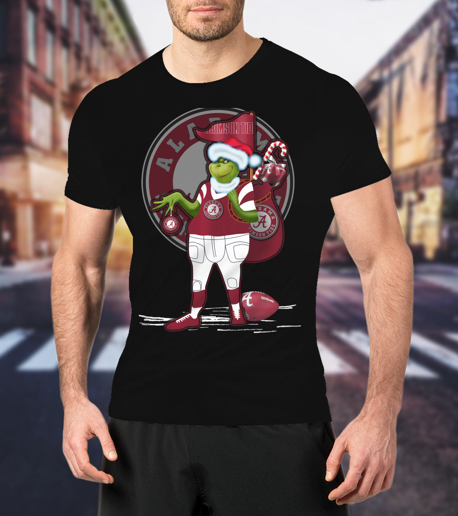 Grinchxmas Alabama Crimson Tide Football Theme With Santa Hat And Candy Cane Bag T-Shirt