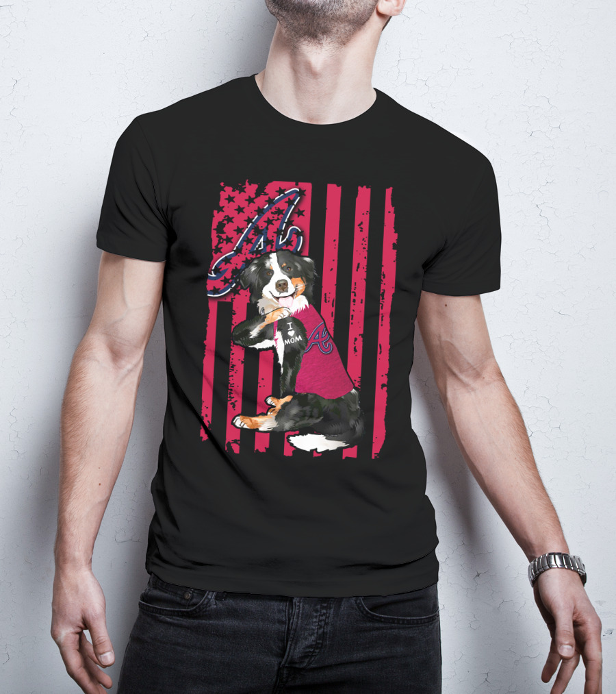 Border Collie I Love Mom Atlanta Braves A American Flag T-Shirt