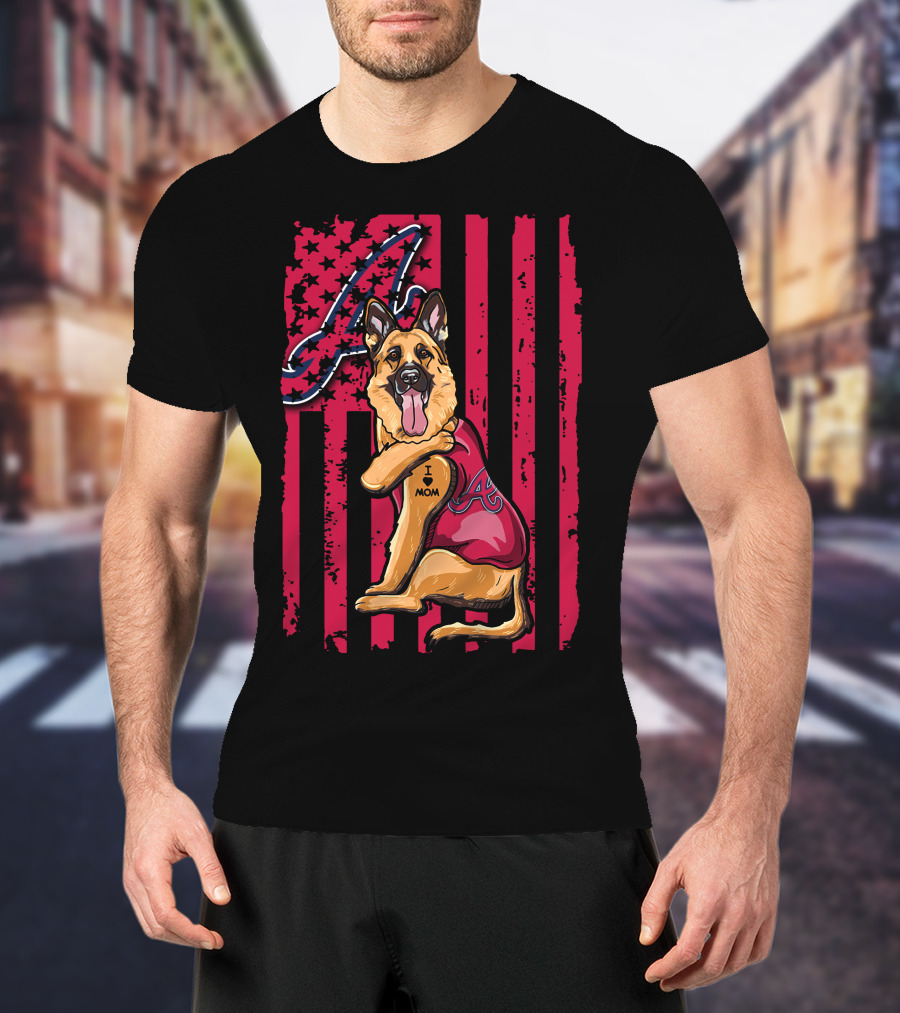 German Shepherd Wearing Atlanta Braves Jersey With A Logo And Flag Background T-Shirt