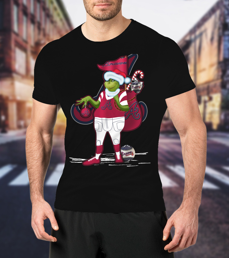 Grinchxmas Atlanta Braves Santa Holding Baseball Candy Cane T-Shirt