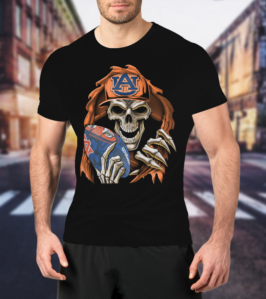 Skullbong Auburn Tigers Skeleton Holding Football Auburn University T-Shirt