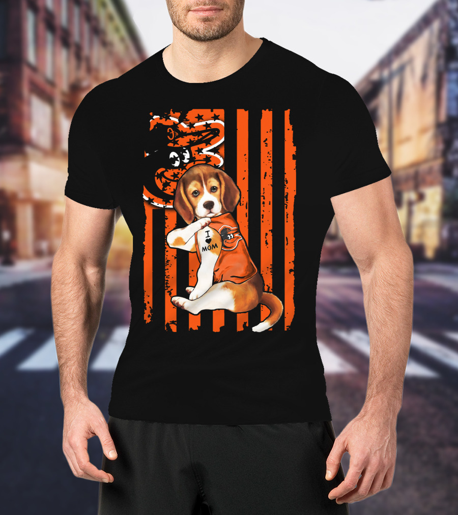 Beagle In Baltimore Orioles Orange With I Love Mom Tattoo And Stars And Stripes Background T-Shirt