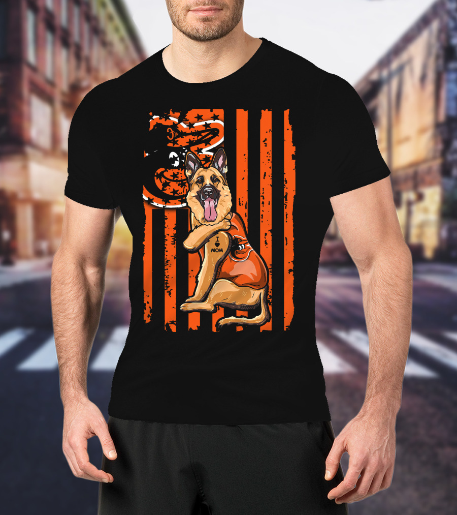 German Shepherd With Baltimore Orioles I Love Mom Tattoo Orange Stripes T-Shirt