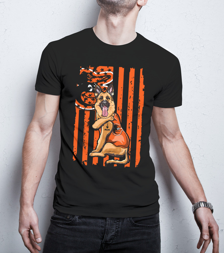 German Shepherd With Baltimore Orioles I Love Mom Tattoo Orange Stripes T-Shirt