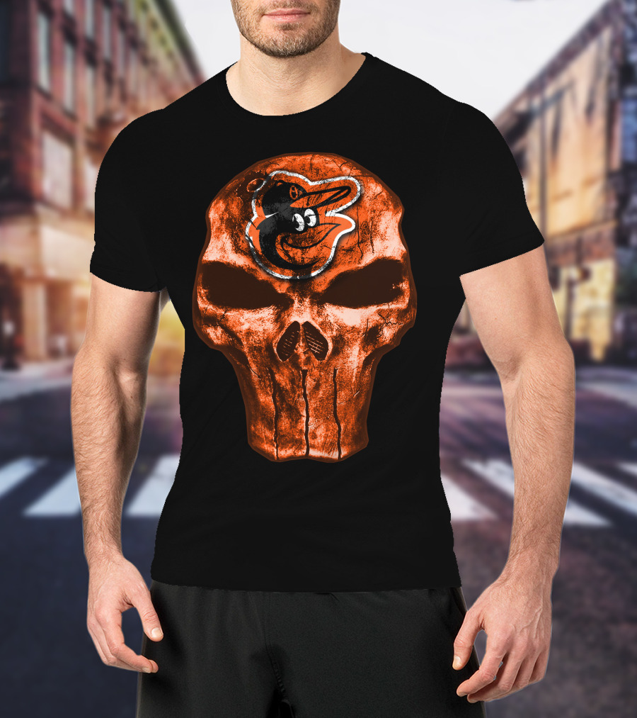 Skull V4 Baltimore Orioles Logo Grunge T-Shirt