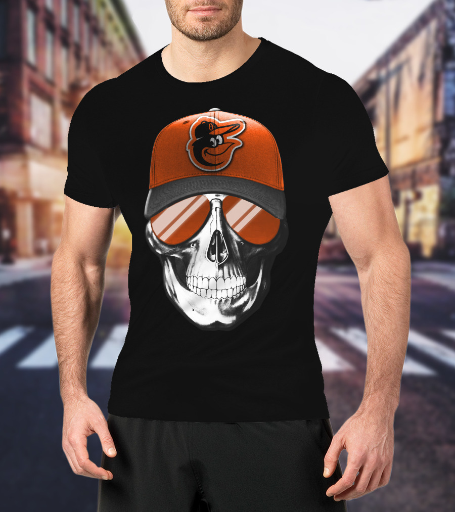 Skull V7 Baltimore Orioles Cap And Sunglasses T-Shirt