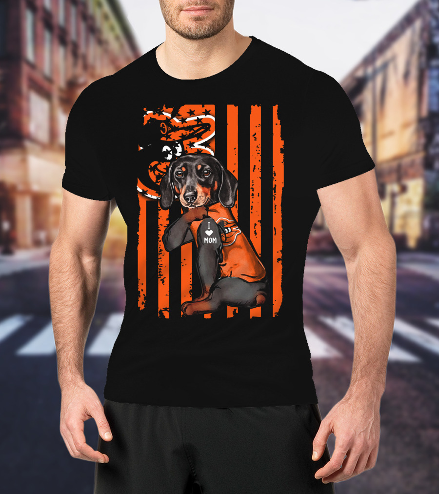 Dachshund I Love Mom Baltimore Orioles Stripes Star Flag T-Shirt