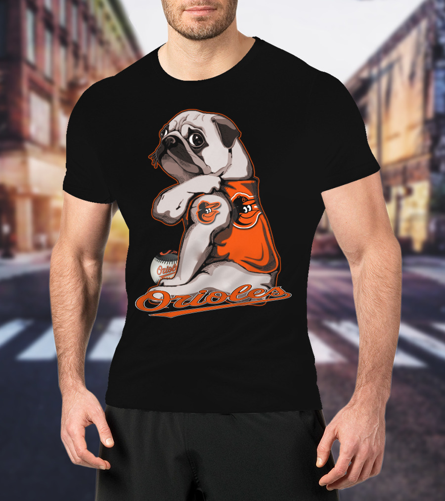 Pug Wearing Baltimore Orioles Jersey With Orioles Baseball T-Shirt