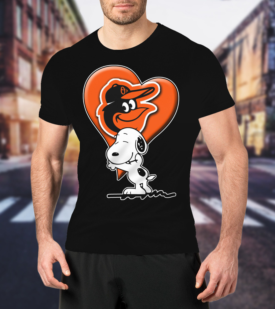 Snoopy Hugging Heart With Baltimore Orioles Bird T-Shirt