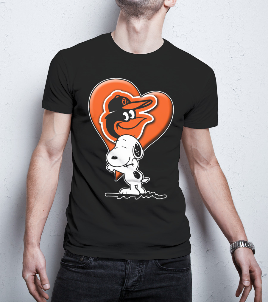 Snoopy Hugging Heart With Baltimore Orioles Bird T-Shirt