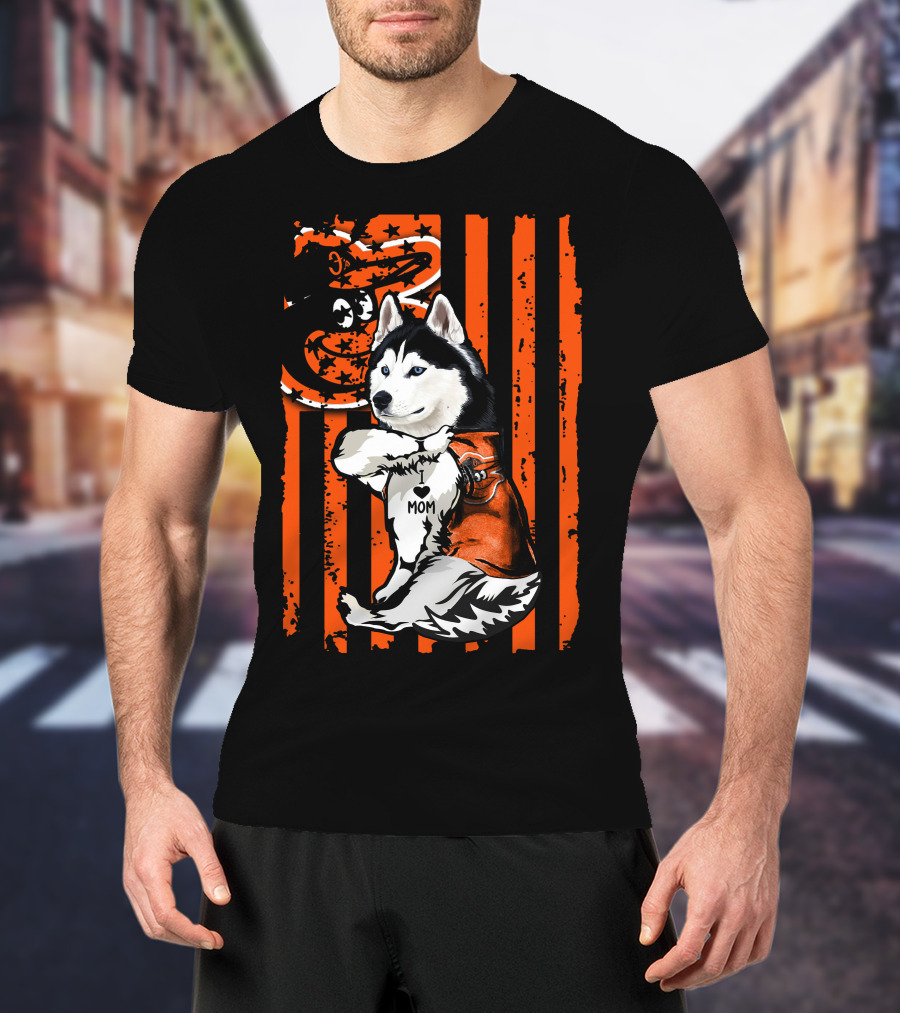 Siberian Husky Baltimore Orioles Dog Mom USA Flag T-Shirt