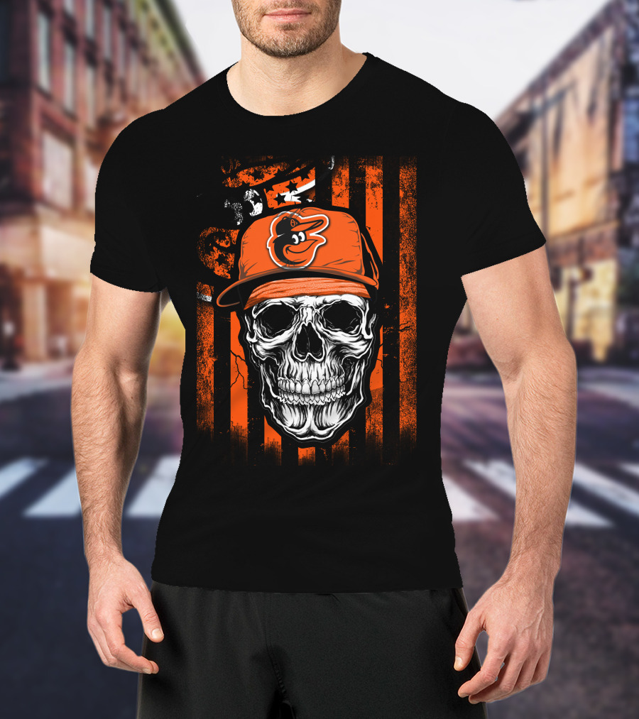 Baltimore Orioles Skull With Logo Cap T-Shirt