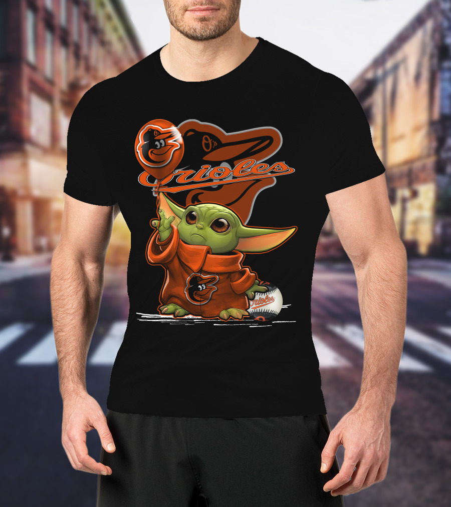 Yoda Holding Baltimore Orioles Balloon With Logo And Baseball T-Shirt