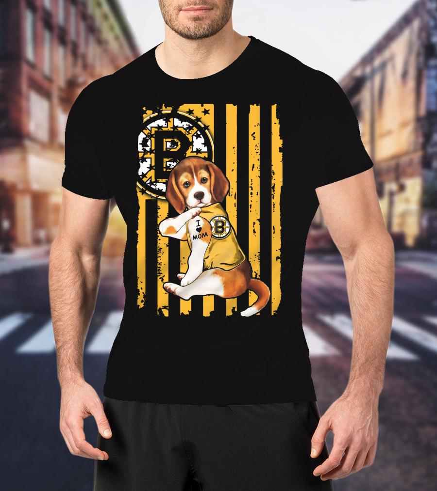 Beagle Puppy I Love Mom Boston Bruins Fan T-Shirt