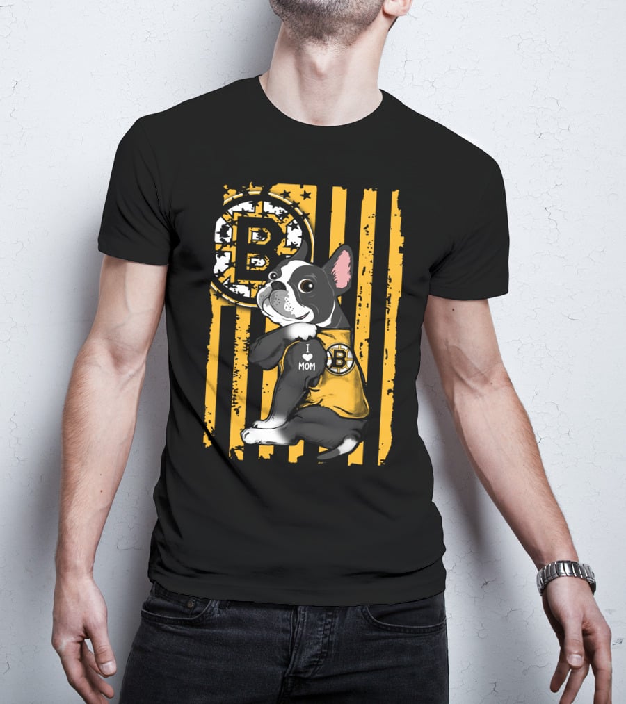 Boston Terrier I Love Mom Boston Bruins Stripes T-Shirt