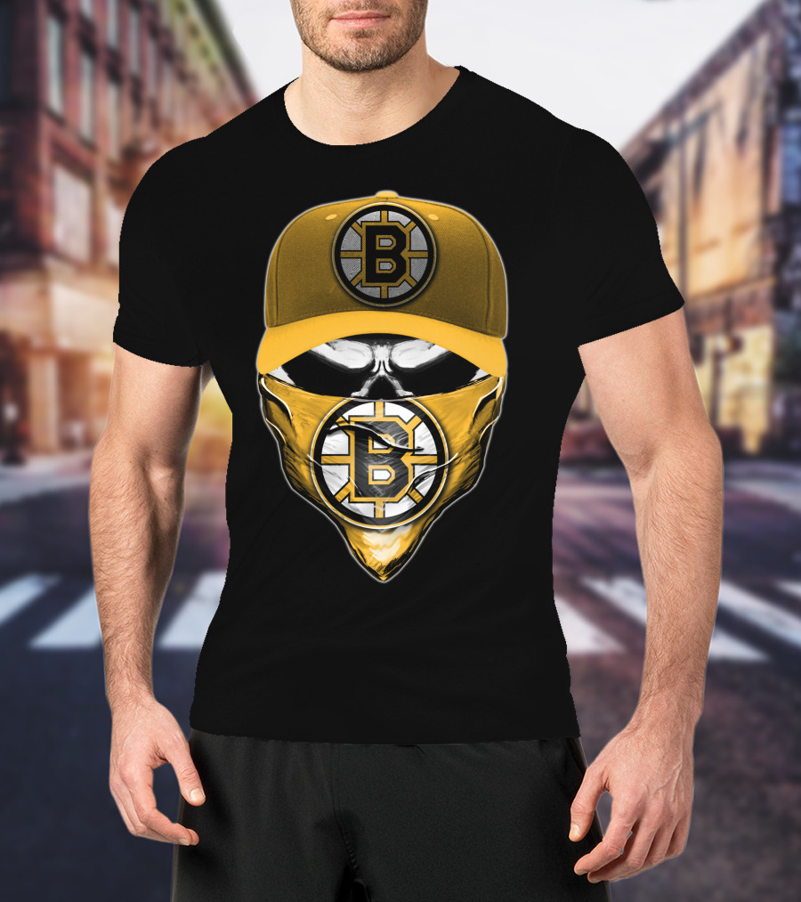 Skull Boston Bruins Logo Cap Mask T-Shirt
