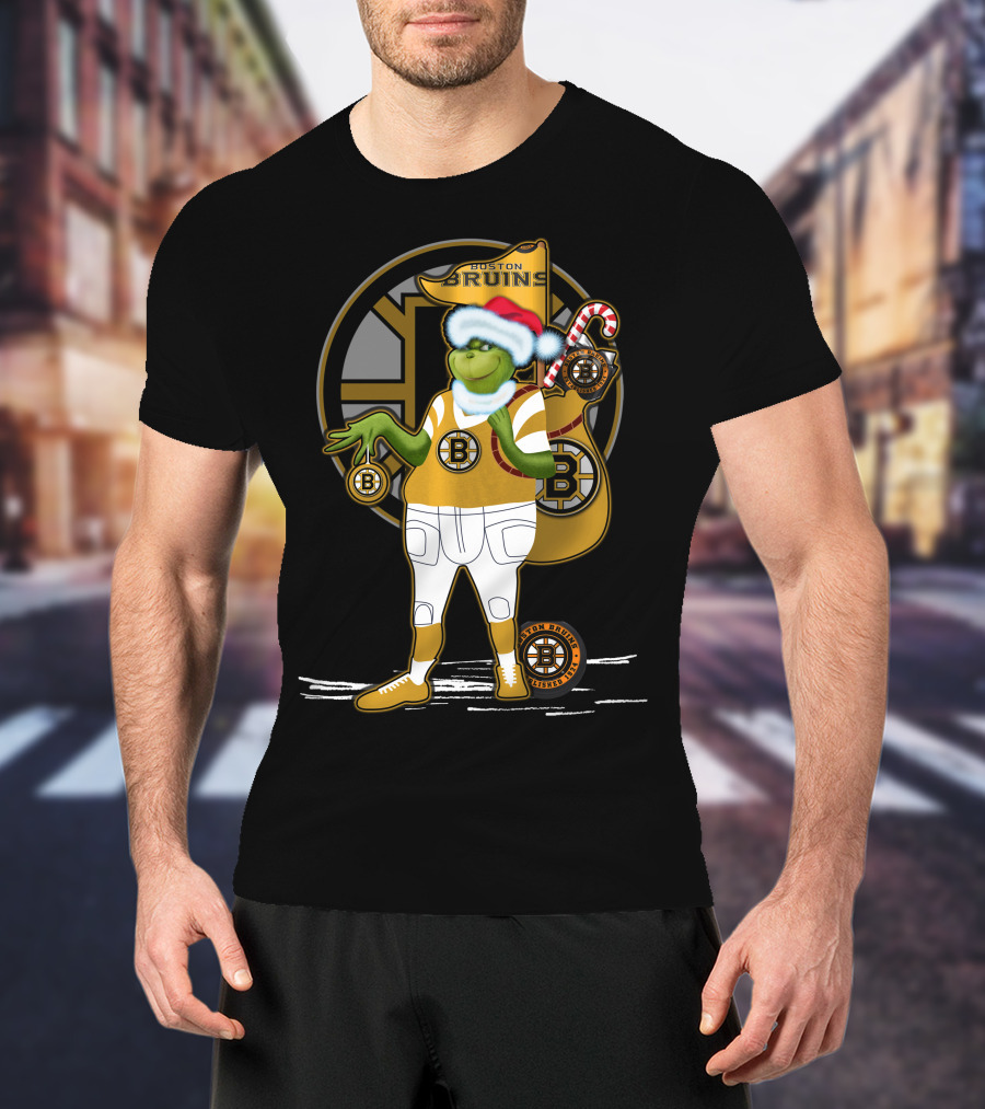 Grinch Boston Bruins Santa Hat Candy Cane Bruins T-Shirt