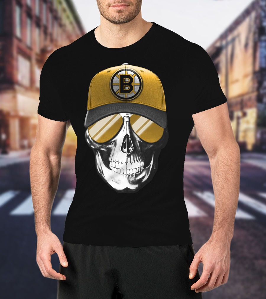 Skull In Yellow Boston Bruins Cap And Sunglasses T-Shirt