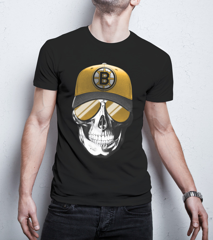 Skull In Yellow Boston Bruins Cap And Sunglasses T-Shirt