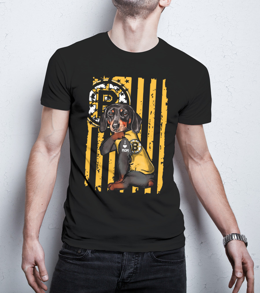 Dachshund I Love Mom Boston Bruins Stripes T-Shirt