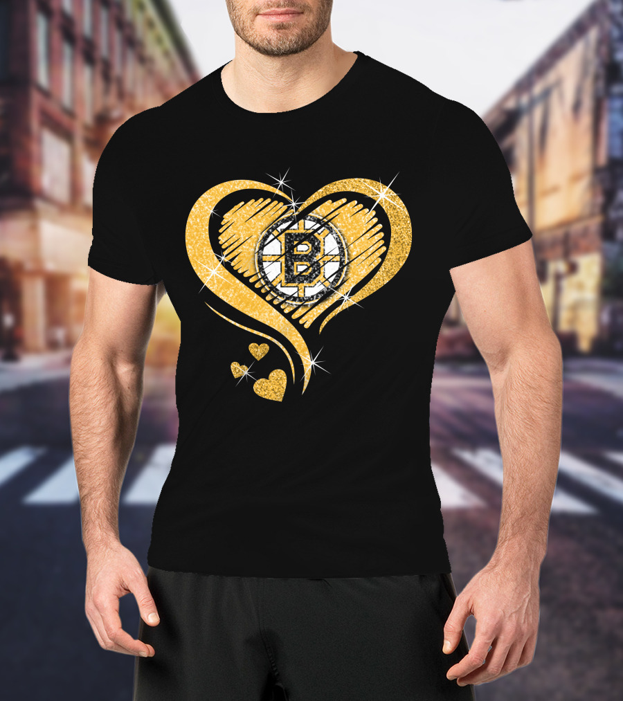 Boston Bruins Heart Glitter Logo Diamond T-Shirt