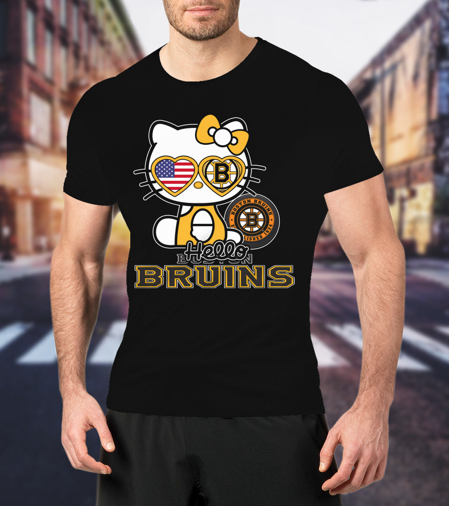 Hello Kitty Boston Bruins Established 1924 USA Flag Heart Sunglasses T-Shirt