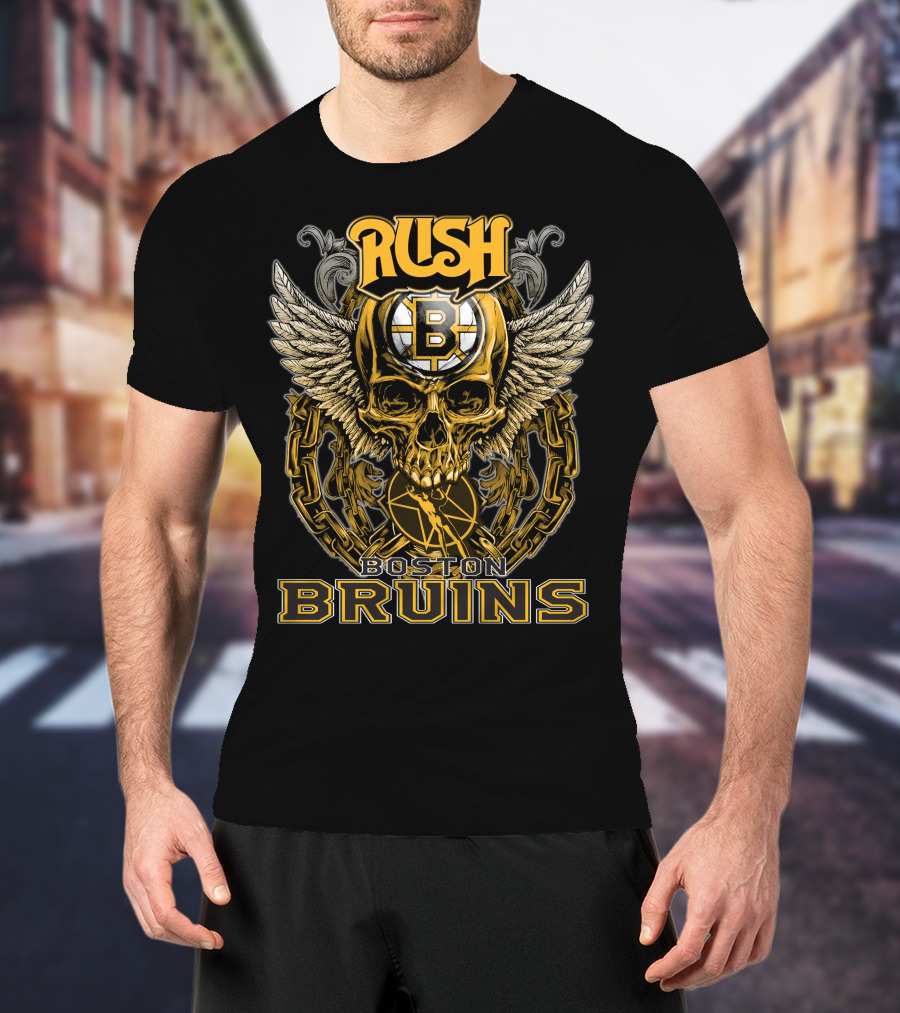 RUSH Boston Bruins Skull Wings Hockey Chains T-Shirt