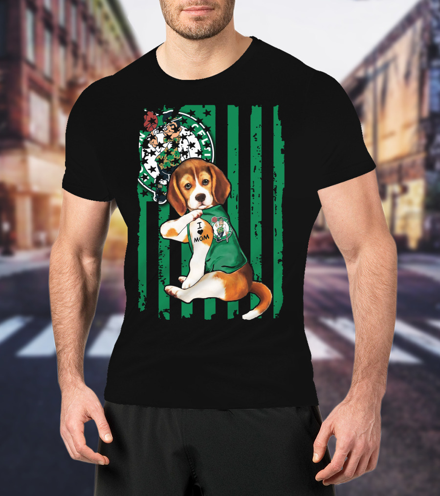 Beagle I Love Mom Boston Celtics Green Stripes T-Shirt