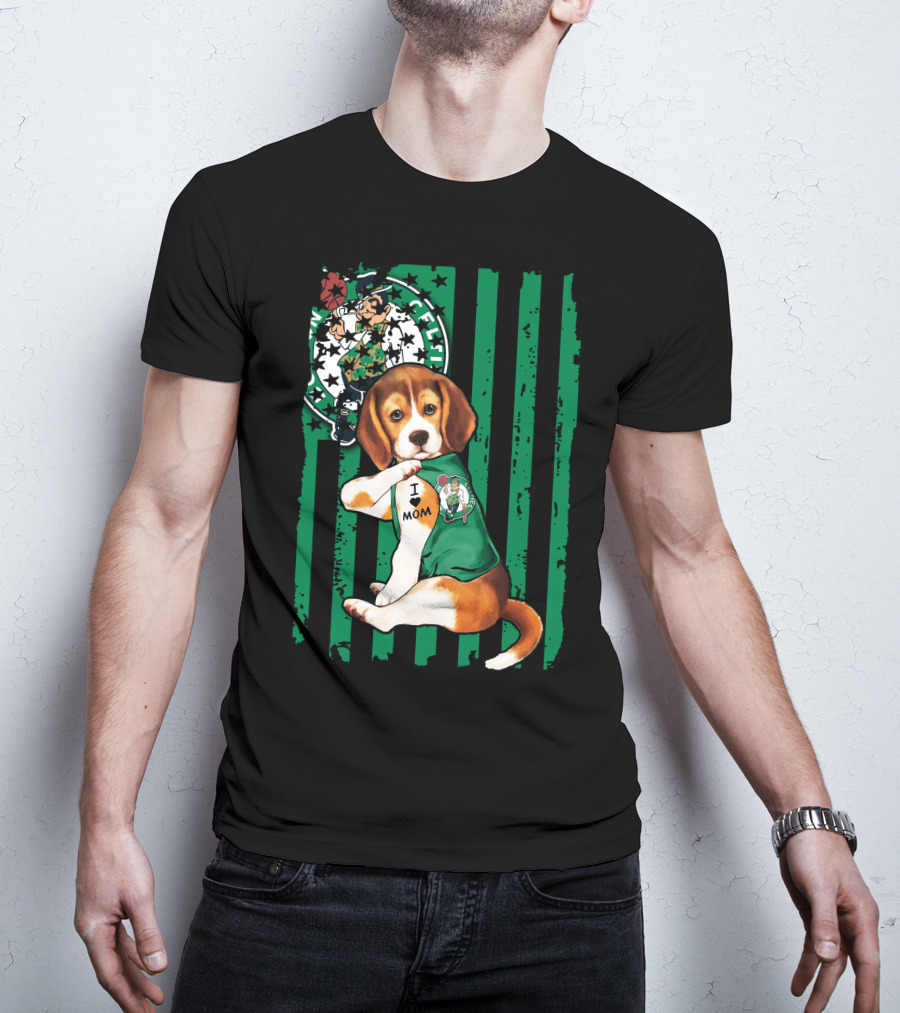 Beagle I Love Mom Boston Celtics Green Stripes T-Shirt