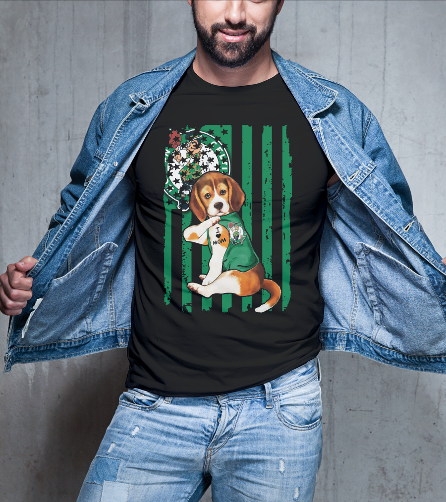Beagle I Love Mom Boston Celtics Green Stripes T-Shirt