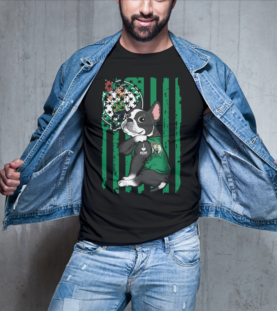 Boston Terrier I Love Mom Celtics Fan Green Stripes T-Shirt
